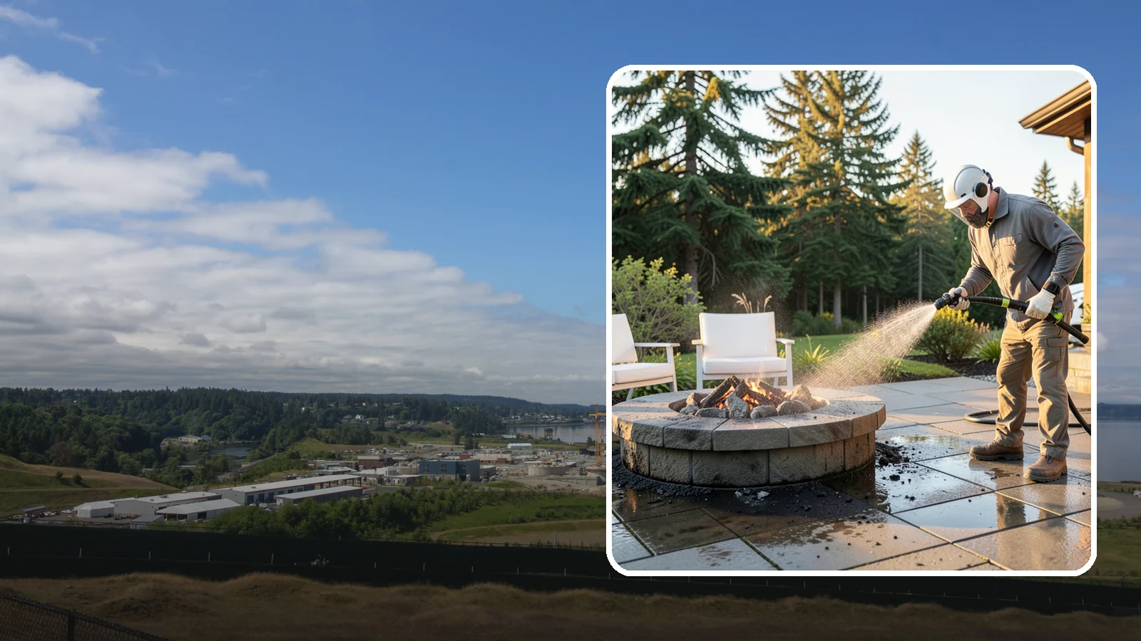 Fire Pit Cleaning in University Place, Pierce County, WA - Clean fire pit surrounds and seating areas to remove soot, ash staining, and moss from the paved perimeter.