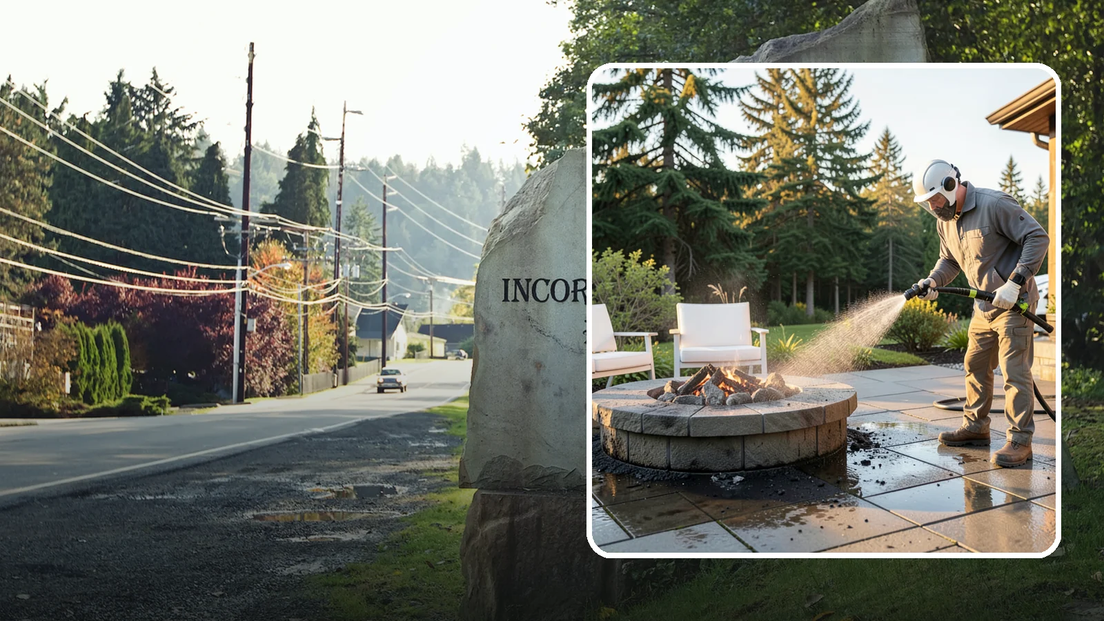 Fire Pit Cleaning in Wilkeson, Pierce County, WA - Clean fire pit surrounds and seating areas to remove soot, ash staining, and moss from the paved perimeter.