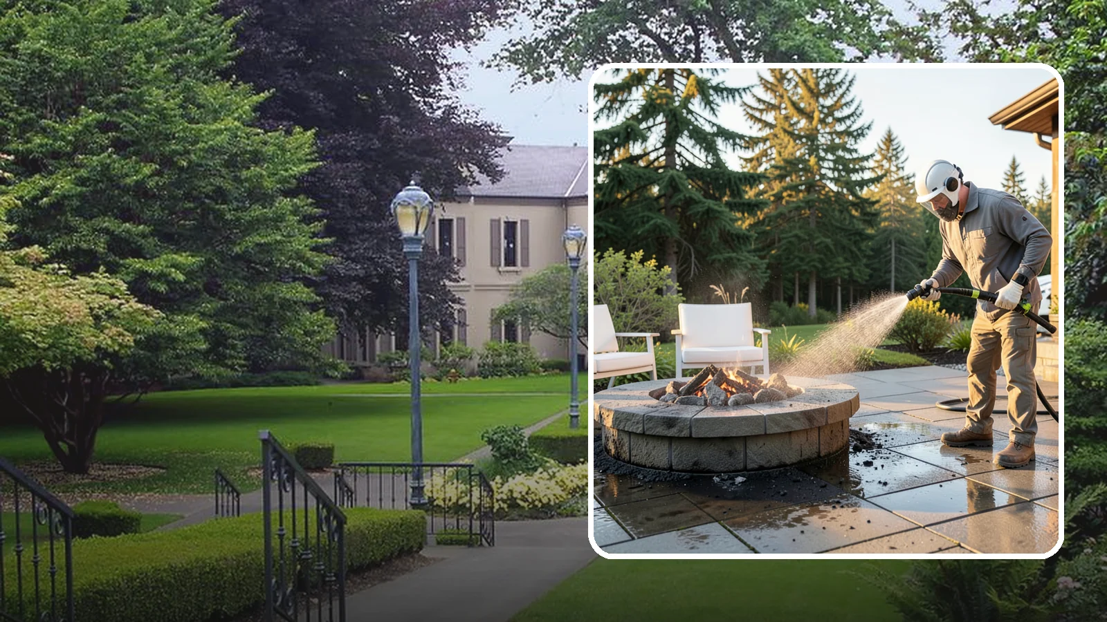 Fire Pit Cleaning in Woodinville, King County, WA - Clean fire pit surrounds and seating areas to remove soot, ash staining, and moss from the paved perimeter.