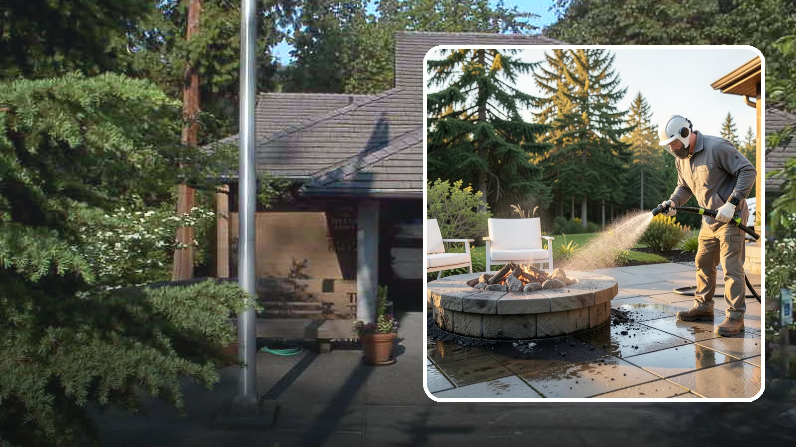Fire Pit Cleaning in Yarrow Point, King County, WA - Clean fire pit surrounds and seating areas to remove soot, ash staining, and moss from the paved perimeter.