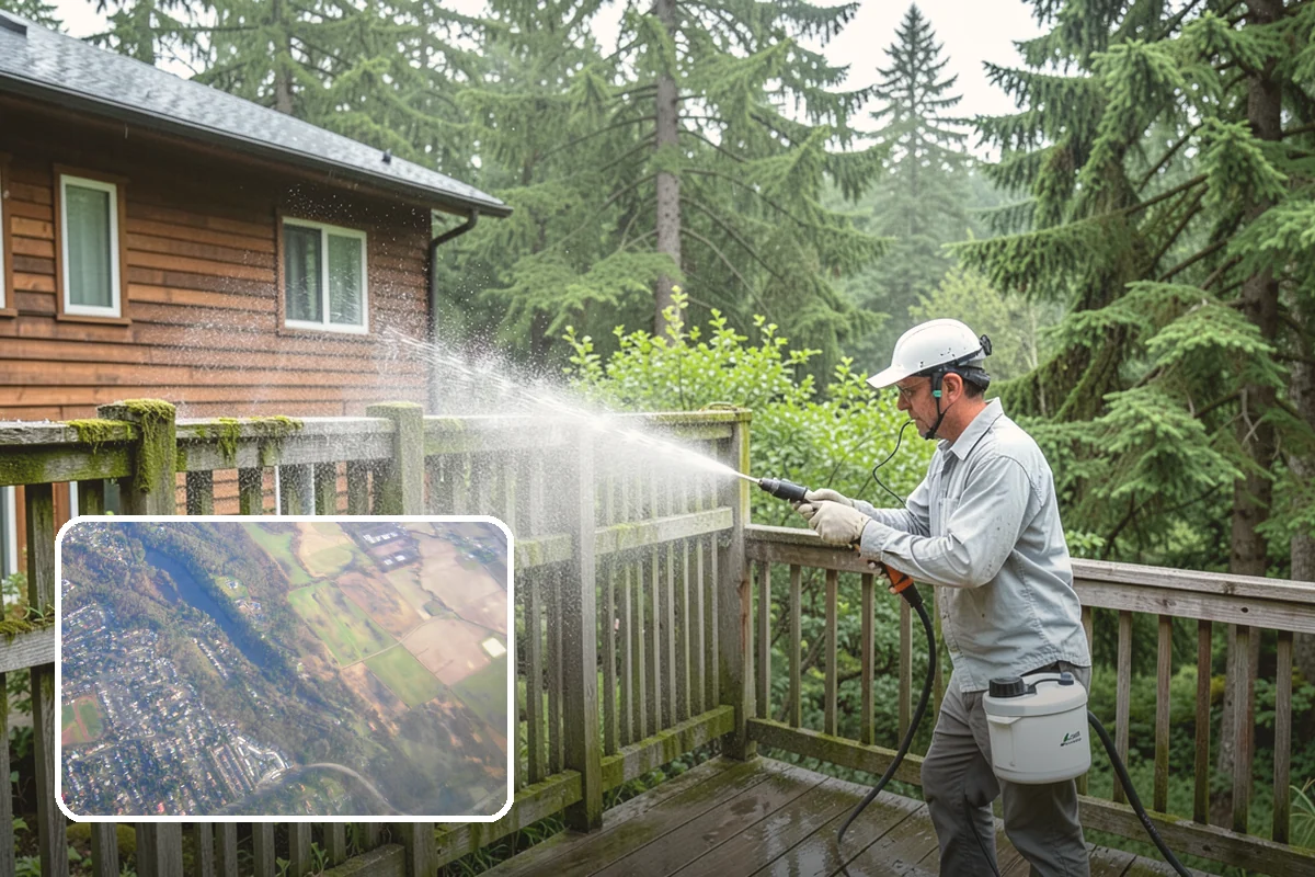 Flagstone Patio Cleaning in Algona, King County, WA - Clears moss from wide flagstone joints