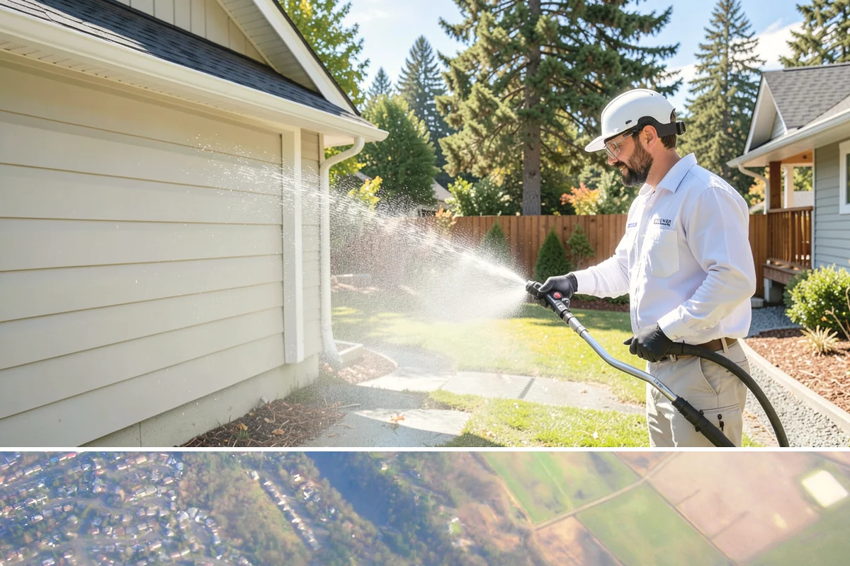 Flagstone Patio Cleaning in Algona, King County, WA - Flagstone patios are best cleaned during dry summer stretches so joints and stone dry fully.
