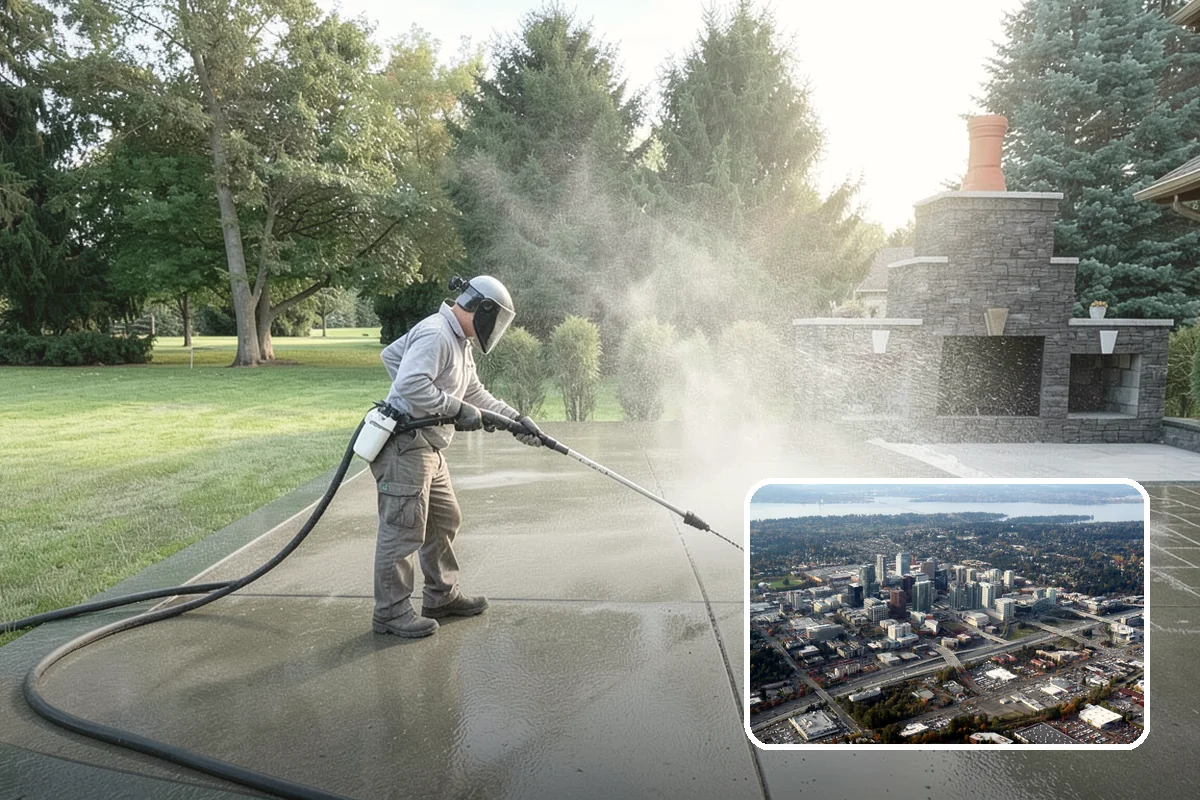 Flagstone Patio Cleaning in Bellevue, King County, WA - Clears moss from wide flagstone joints