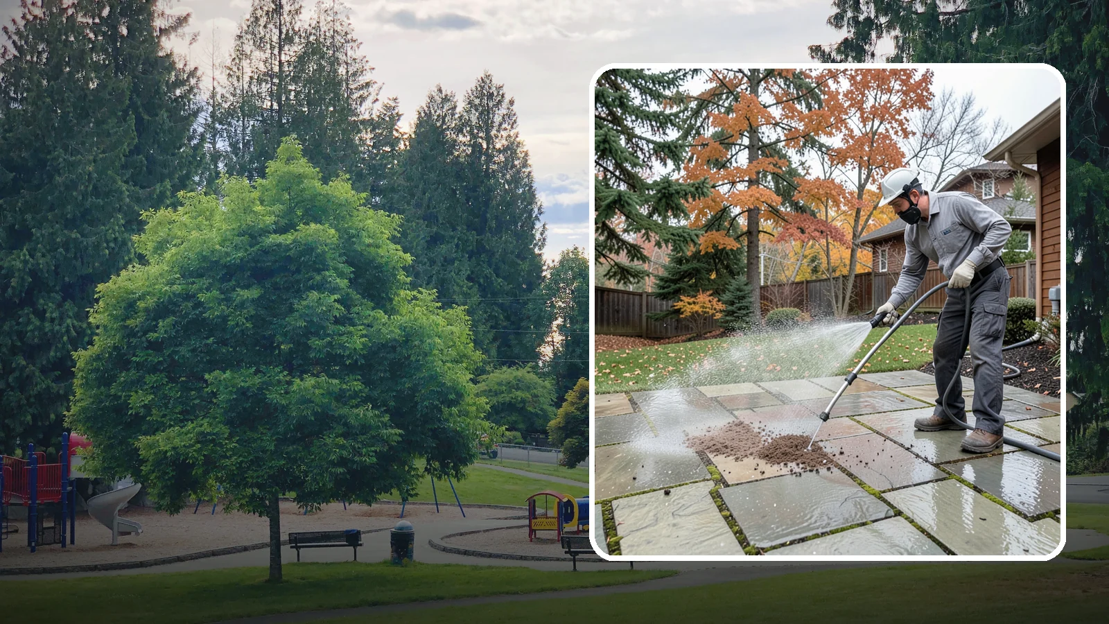 Flagstone Patio Cleaning in Bonney Lake, Pierce County, WA - Gently clean flagstone patios and their wide joints where Northwest moss settles in deep.