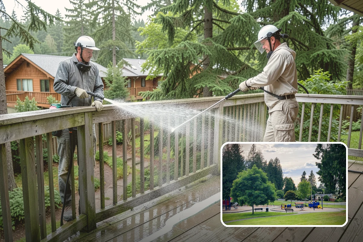 Flagstone Patio Cleaning in Bonney Lake, Pierce County, WA - Clears moss from wide flagstone joints