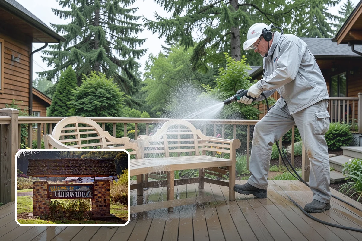 Flagstone Patio Cleaning in Carbonado, Pierce County, WA - Clears moss from wide flagstone joints
