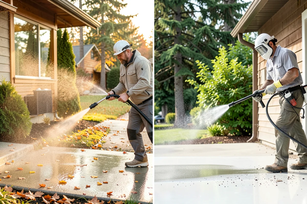 Flagstone Patio Cleaning in Concrete, Skagit County, WA - Remove debris and loose growth from joints
