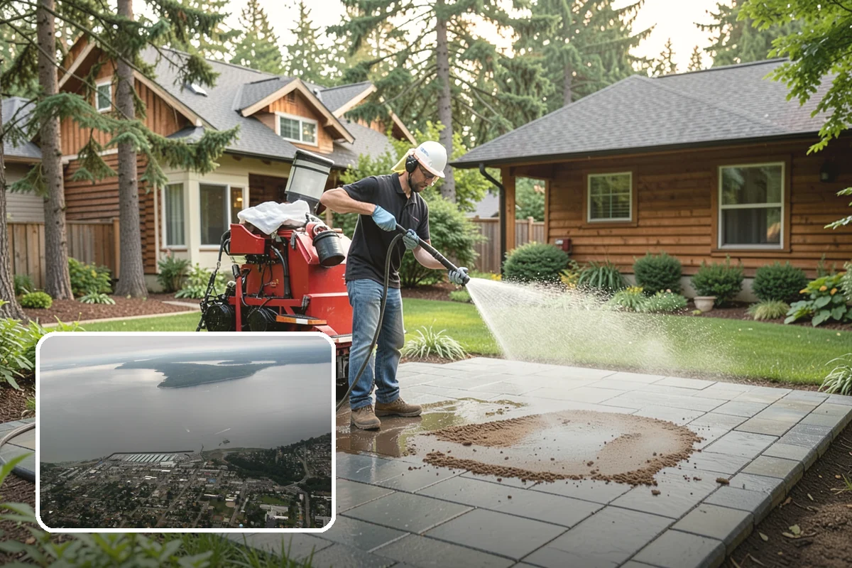 Flagstone Patio Cleaning in Des Moines, King County, WA - Clears moss from wide flagstone joints