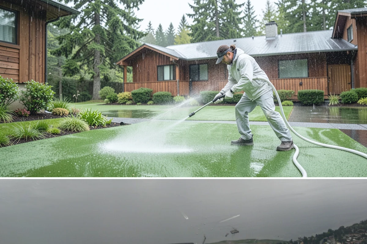 Flagstone Patio Cleaning in Des Moines, King County, WA - Flagstone patios are best cleaned during dry summer stretches so joints and stone dry fully.