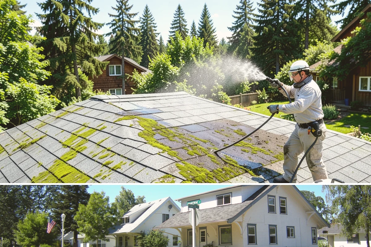 Flagstone Patio Cleaning in DuPont, Pierce County, WA - Flagstone patios are best cleaned during dry summer stretches so joints and stone dry fully.
