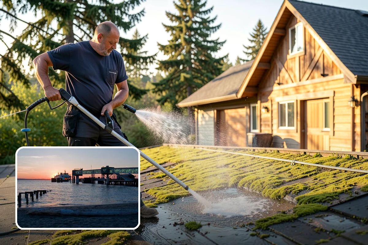Flagstone Patio Cleaning in Edmonds, Snohomish County, WA - Clears moss from wide flagstone joints