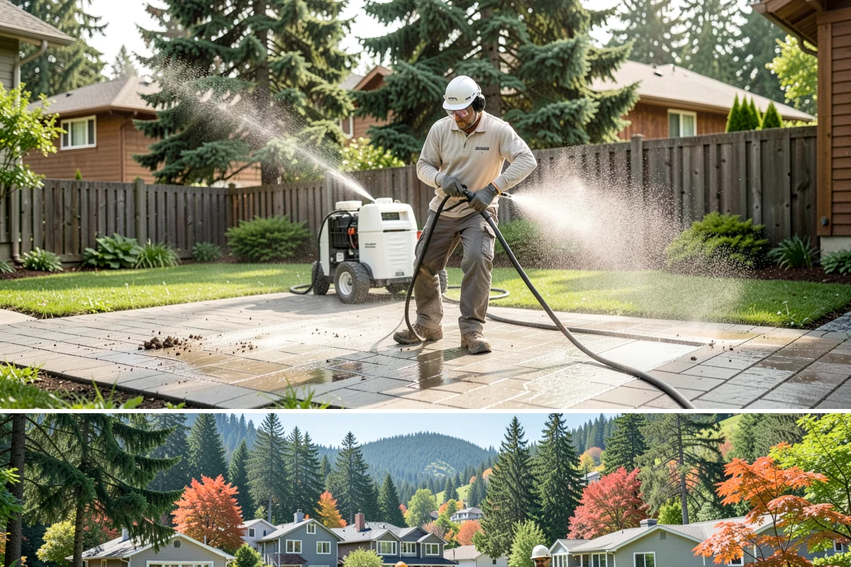 Flagstone Patio Cleaning in Fircrest, Pierce County, WA - Flagstone patios are best cleaned during dry summer stretches so joints and stone dry fully.