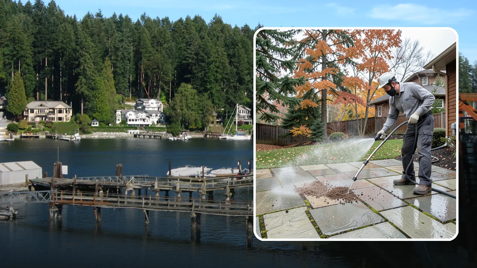 Flagstone Patio Cleaning in Gig Harbor, Pierce County, WA - Gently clean flagstone patios and their wide joints where Northwest moss settles in deep.