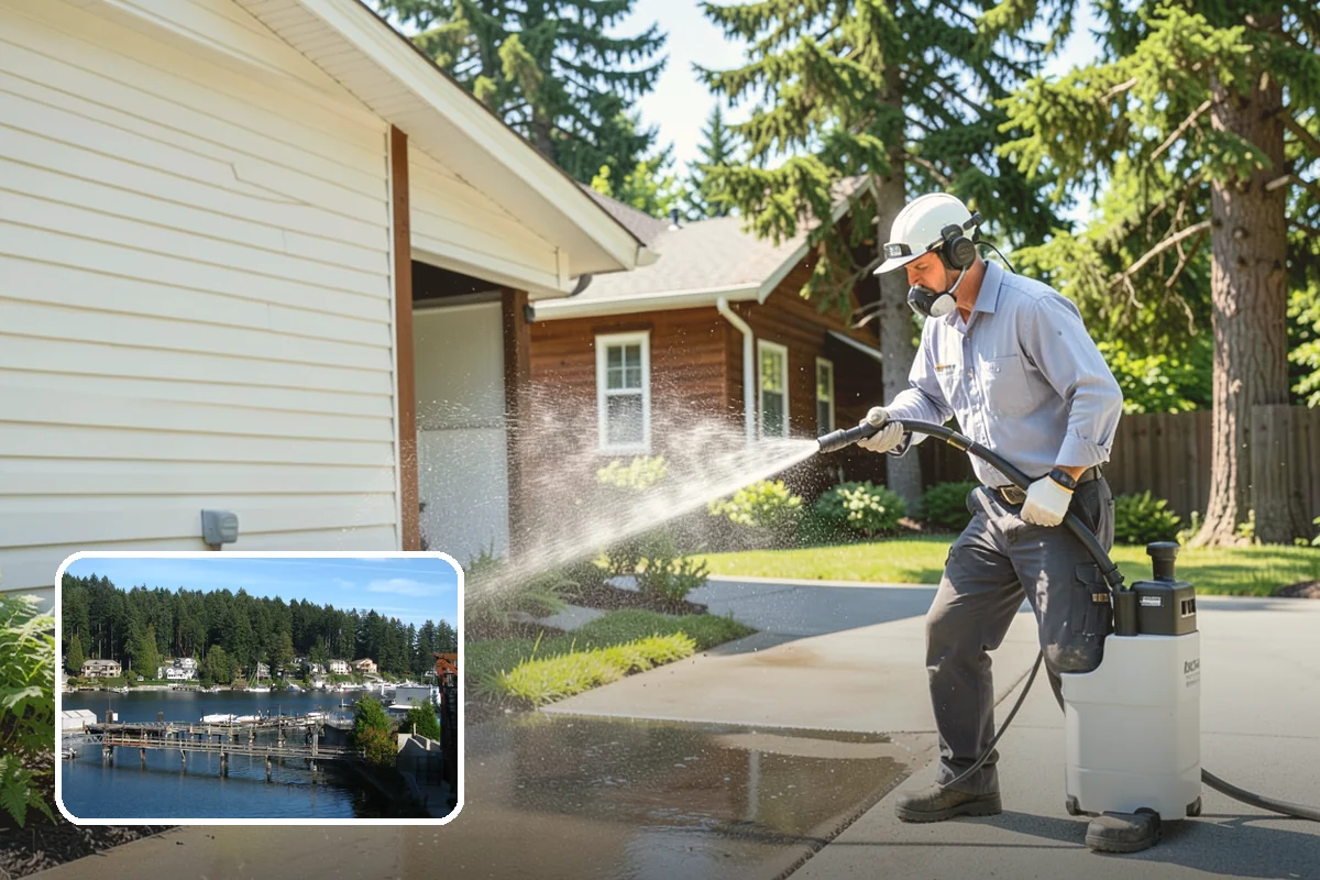 Flagstone Patio Cleaning in Gig Harbor, Pierce County, WA - Clears moss from wide flagstone joints