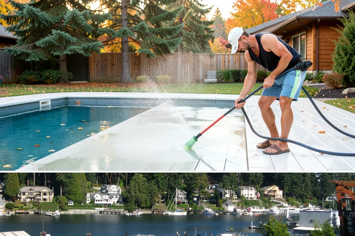 Flagstone Patio Cleaning in Gig Harbor, Pierce County, WA - Flagstone patios are best cleaned during dry summer stretches so joints and stone dry fully.