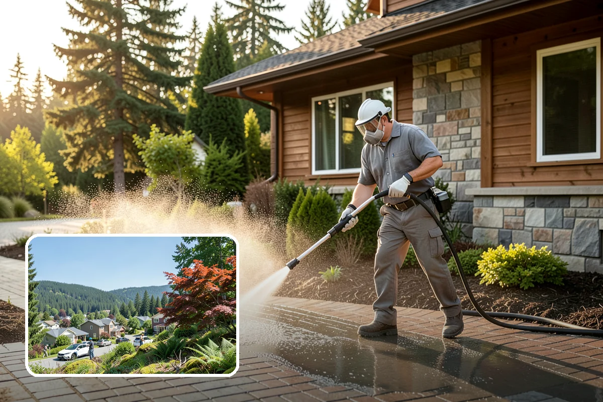 Flagstone Patio Cleaning in Index, Snohomish County, WA - Clears moss from wide flagstone joints