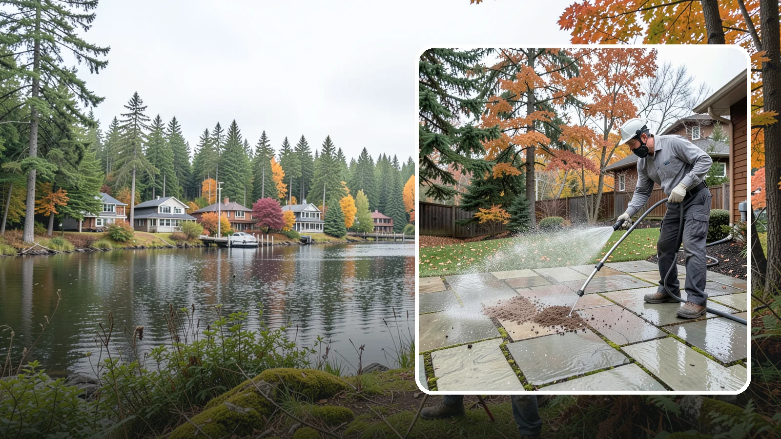 Flagstone Patio Cleaning in La Conner, Skagit County, WA - Gently clean flagstone patios and their wide joints where Northwest moss settles in deep.