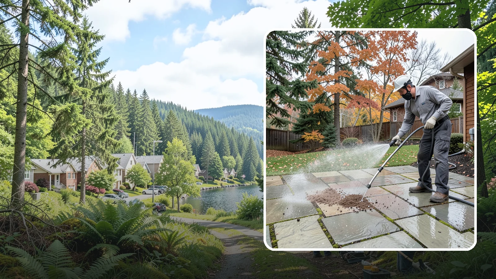 Flagstone Patio Cleaning in Lake Forest Park, King County, WA - Gently clean flagstone patios and their wide joints where Northwest moss settles in deep.