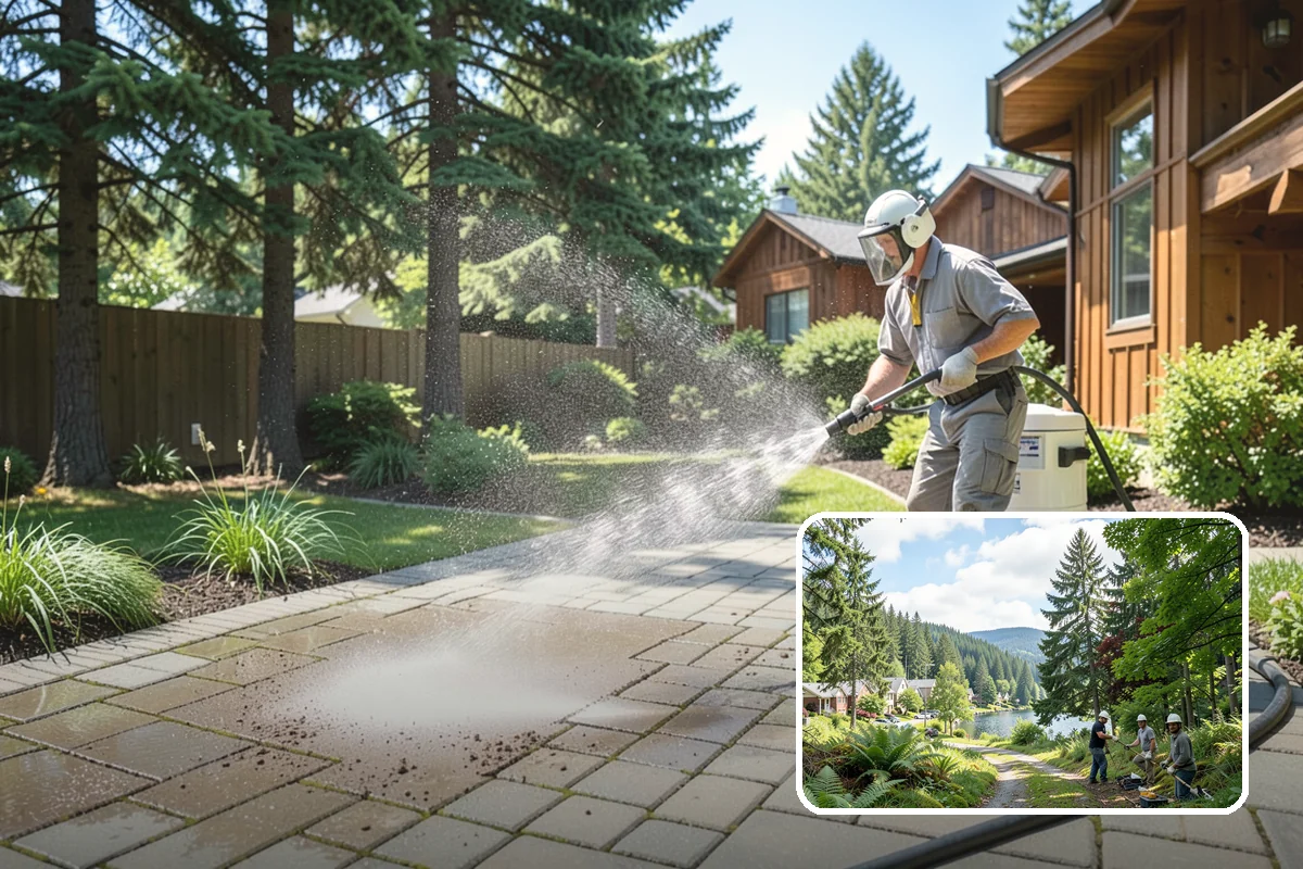 Flagstone Patio Cleaning in Lake Forest Park, King County, WA - Clears moss from wide flagstone joints