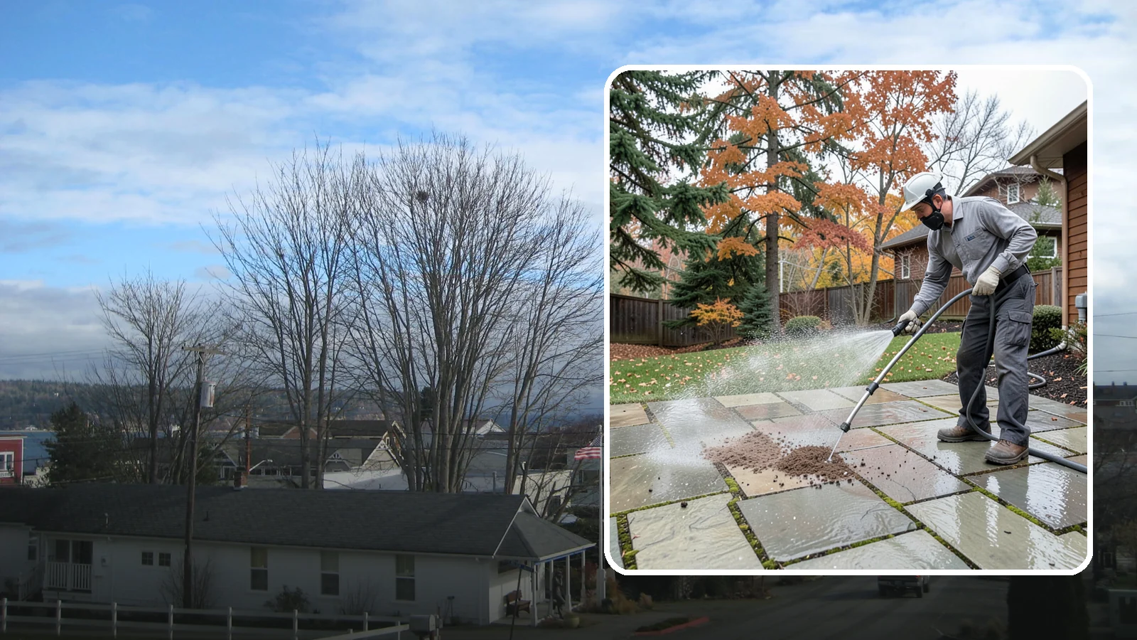Flagstone Patio Cleaning in Langley, Island County, WA - Gently clean flagstone patios and their wide joints where Northwest moss settles in deep.