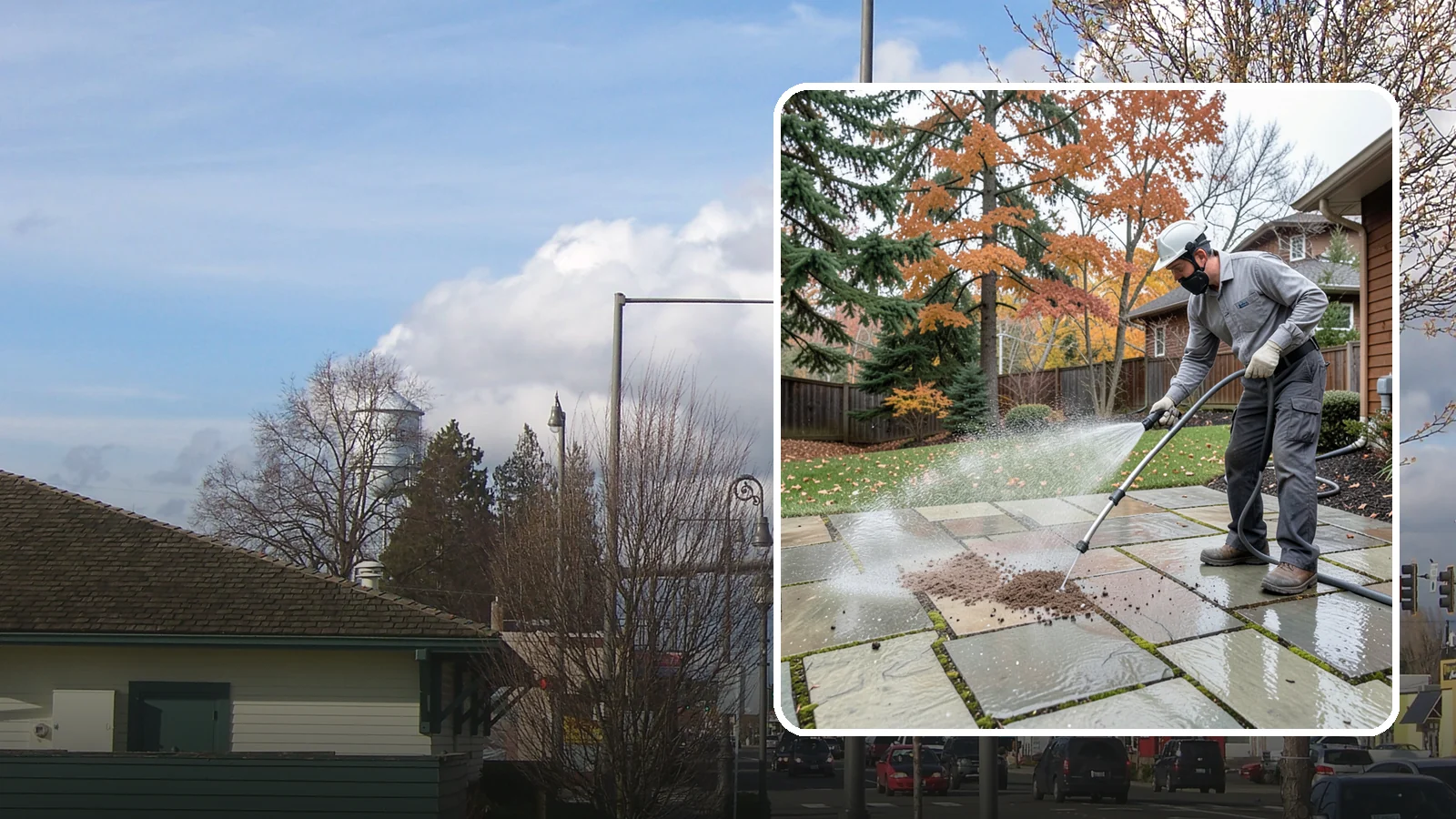 Flagstone Patio Cleaning in Marysville, Snohomish County, WA - Gently clean flagstone patios and their wide joints where Northwest moss settles in deep.