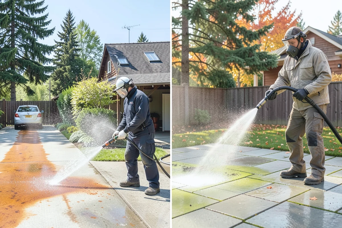 Flagstone Patio Cleaning in Medina, King County, WA - Remove debris and loose growth from joints
