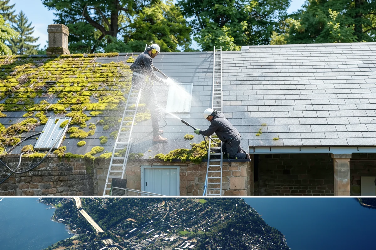 Flagstone Patio Cleaning in Mercer Island, King County, WA - Flagstone patios are best cleaned during dry summer stretches so joints and stone dry fully.