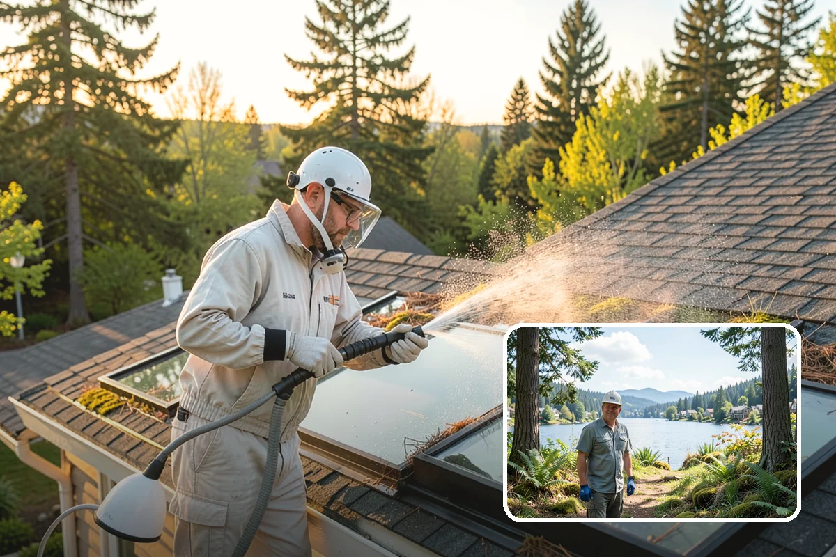 Flagstone Patio Cleaning in Milton, King County, WA - Clears moss from wide flagstone joints