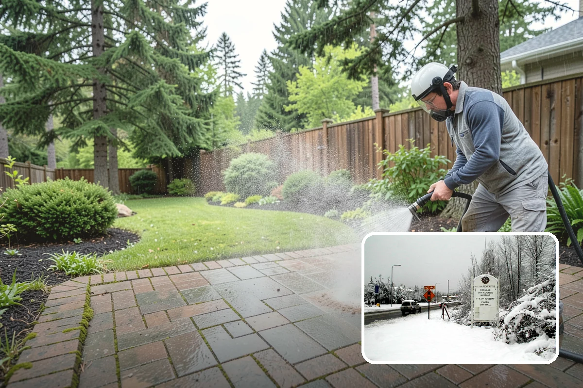 Flagstone Patio Cleaning in Newcastle, King County, WA - Clears moss from wide flagstone joints