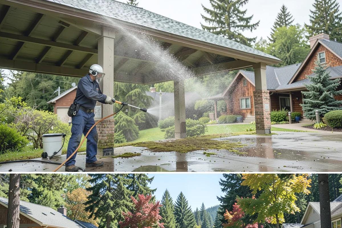 Flagstone Patio Cleaning in Orting, Pierce County, WA - Flagstone patios are best cleaned during dry summer stretches so joints and stone dry fully.