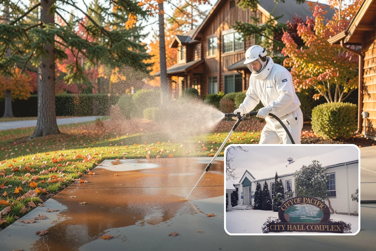 Flagstone Patio Cleaning in Pacific, King County, WA - Clears moss from wide flagstone joints