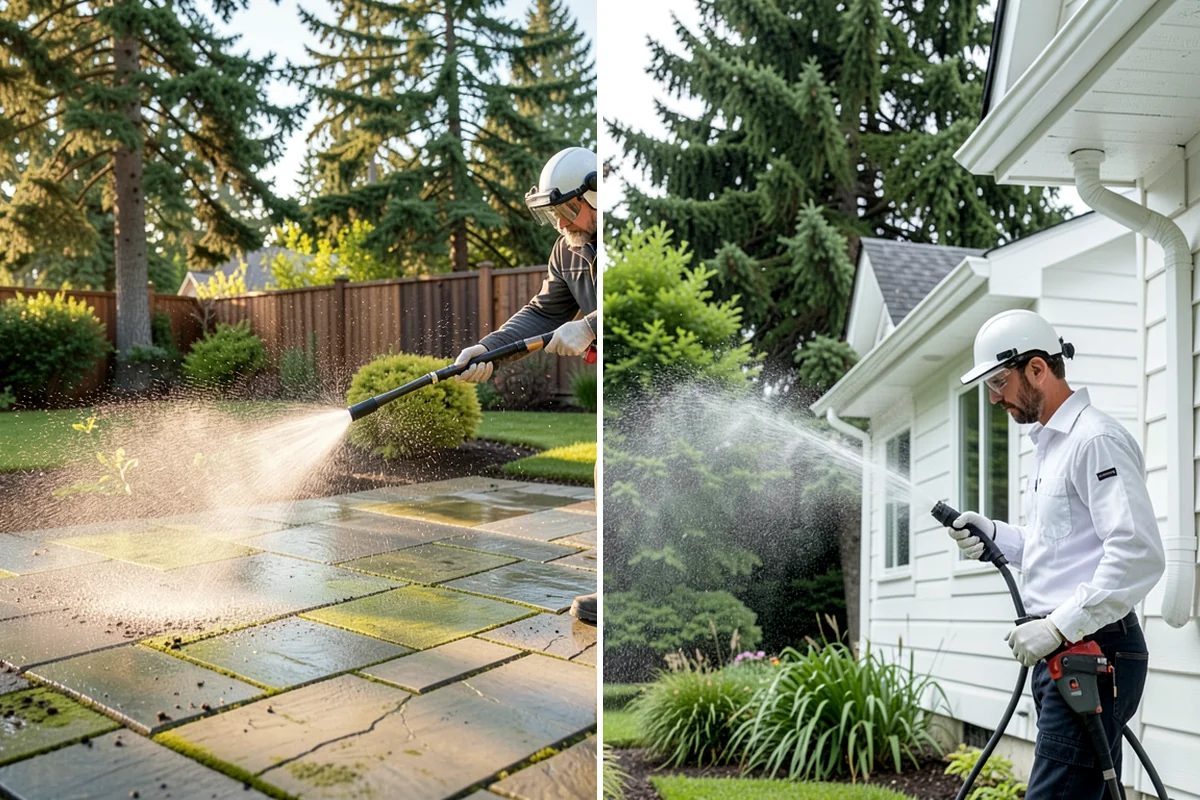 Flagstone Patio Cleaning in Pacific, King County, WA - Remove debris and loose growth from joints