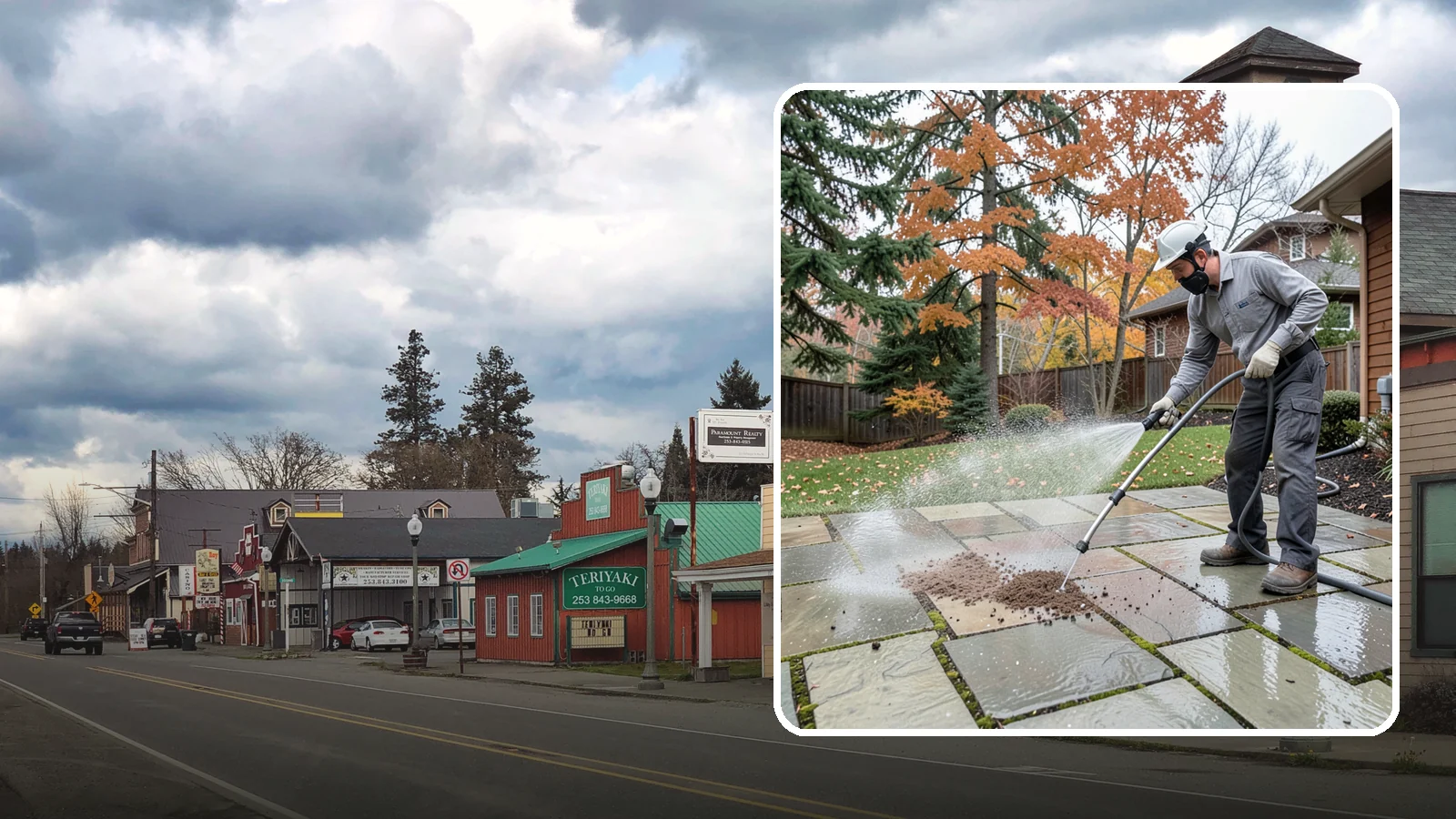 Flagstone Patio Cleaning in Roy, Pierce County, WA - Gently clean flagstone patios and their wide joints where Northwest moss settles in deep.
