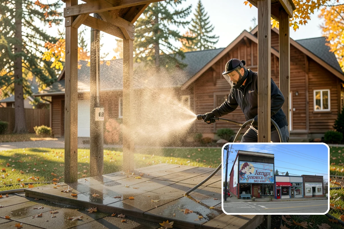 Flagstone Patio Cleaning in Ruston, Pierce County, WA - Clears moss from wide flagstone joints
