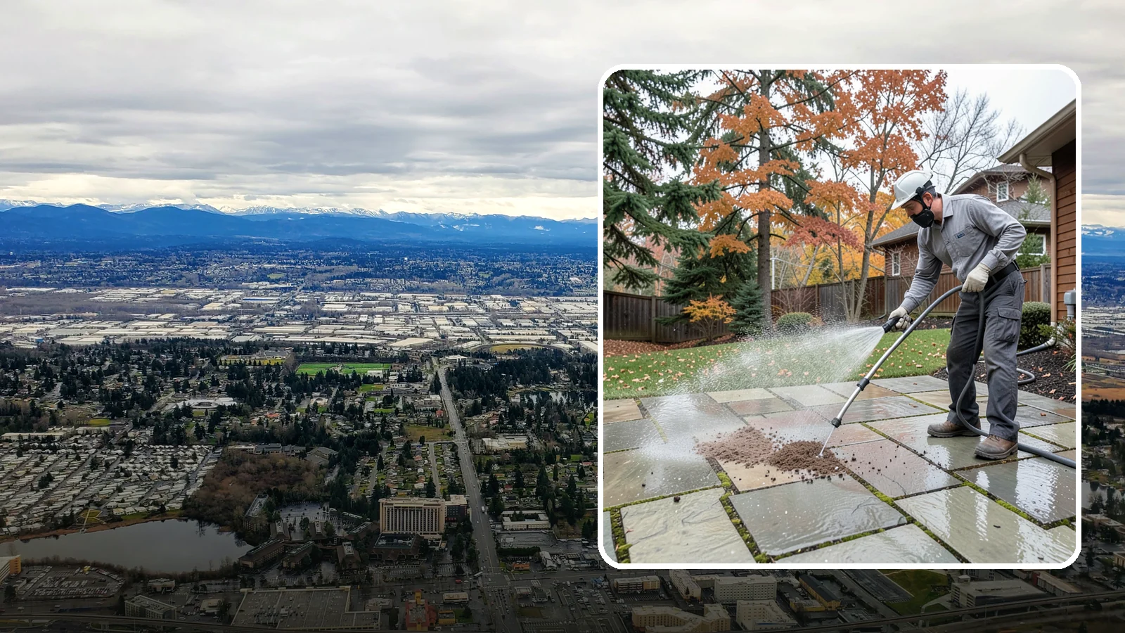 Flagstone Patio Cleaning in SeaTac, King County, WA - Gently clean flagstone patios and their wide joints where Northwest moss settles in deep.