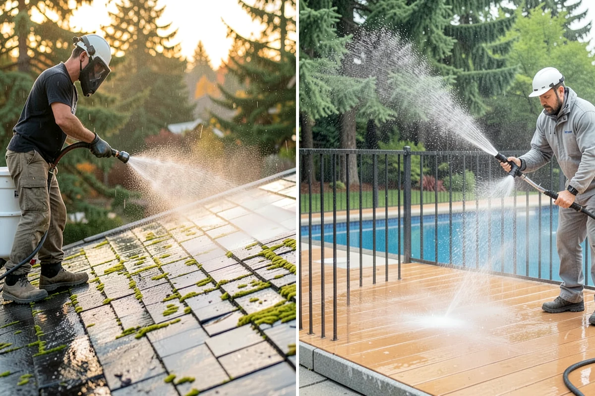 Flagstone Patio Cleaning in Shoreline, King County, WA - Remove debris and loose growth from joints