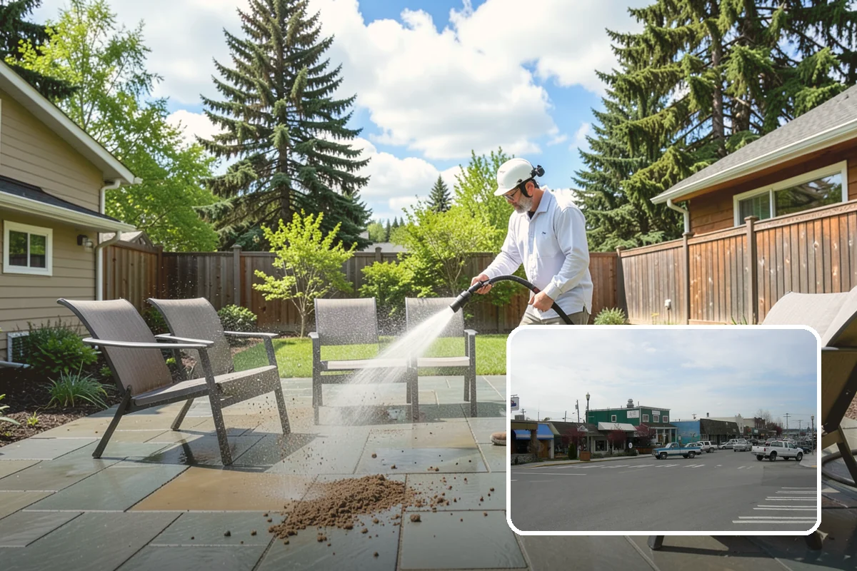 Flagstone Patio Cleaning in Stanwood, Snohomish County, WA - Clears moss from wide flagstone joints