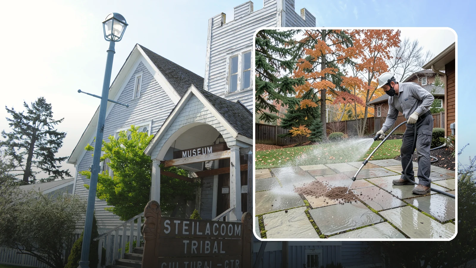 Flagstone Patio Cleaning in Steilacoom, Pierce County, WA - Gently clean flagstone patios and their wide joints where Northwest moss settles in deep.