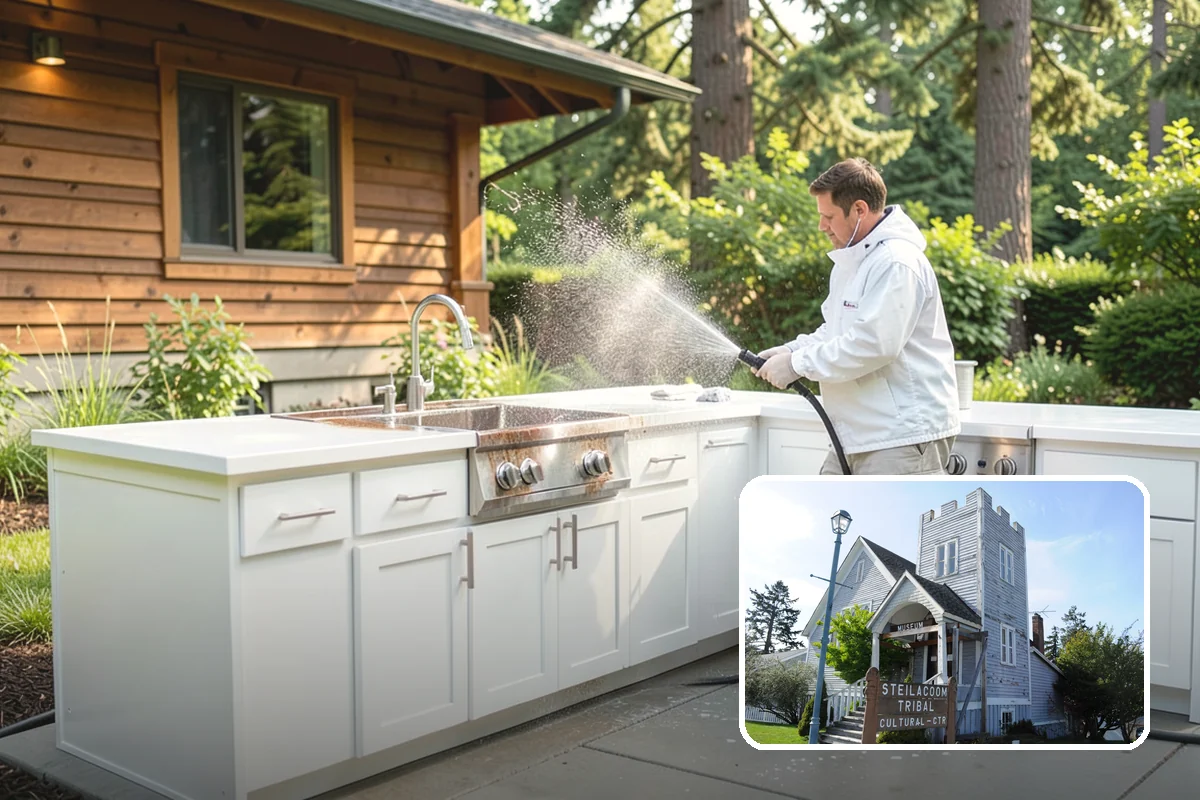 Flagstone Patio Cleaning in Steilacoom, Pierce County, WA - Clears moss from wide flagstone joints