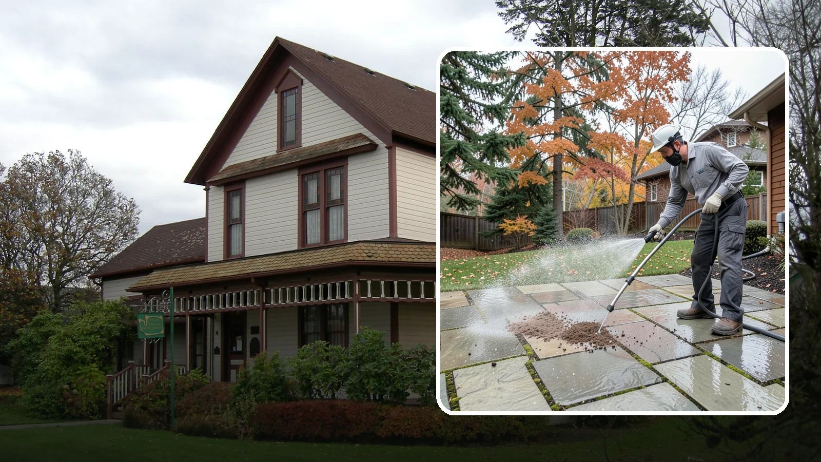 Flagstone Patio Cleaning in Sumner, Pierce County, WA - Gently clean flagstone patios and their wide joints where Northwest moss settles in deep.