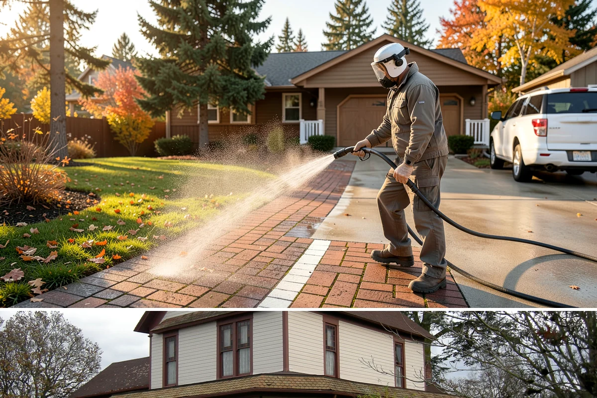 Flagstone Patio Cleaning in Sumner, Pierce County, WA - Flagstone patios are best cleaned during dry summer stretches so joints and stone dry fully.