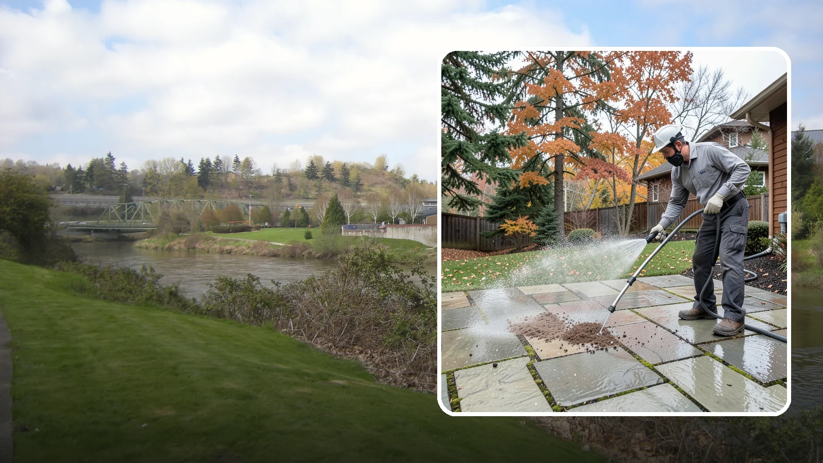Flagstone Patio Cleaning in Tukwila, King County, WA - Gently clean flagstone patios and their wide joints where Northwest moss settles in deep.