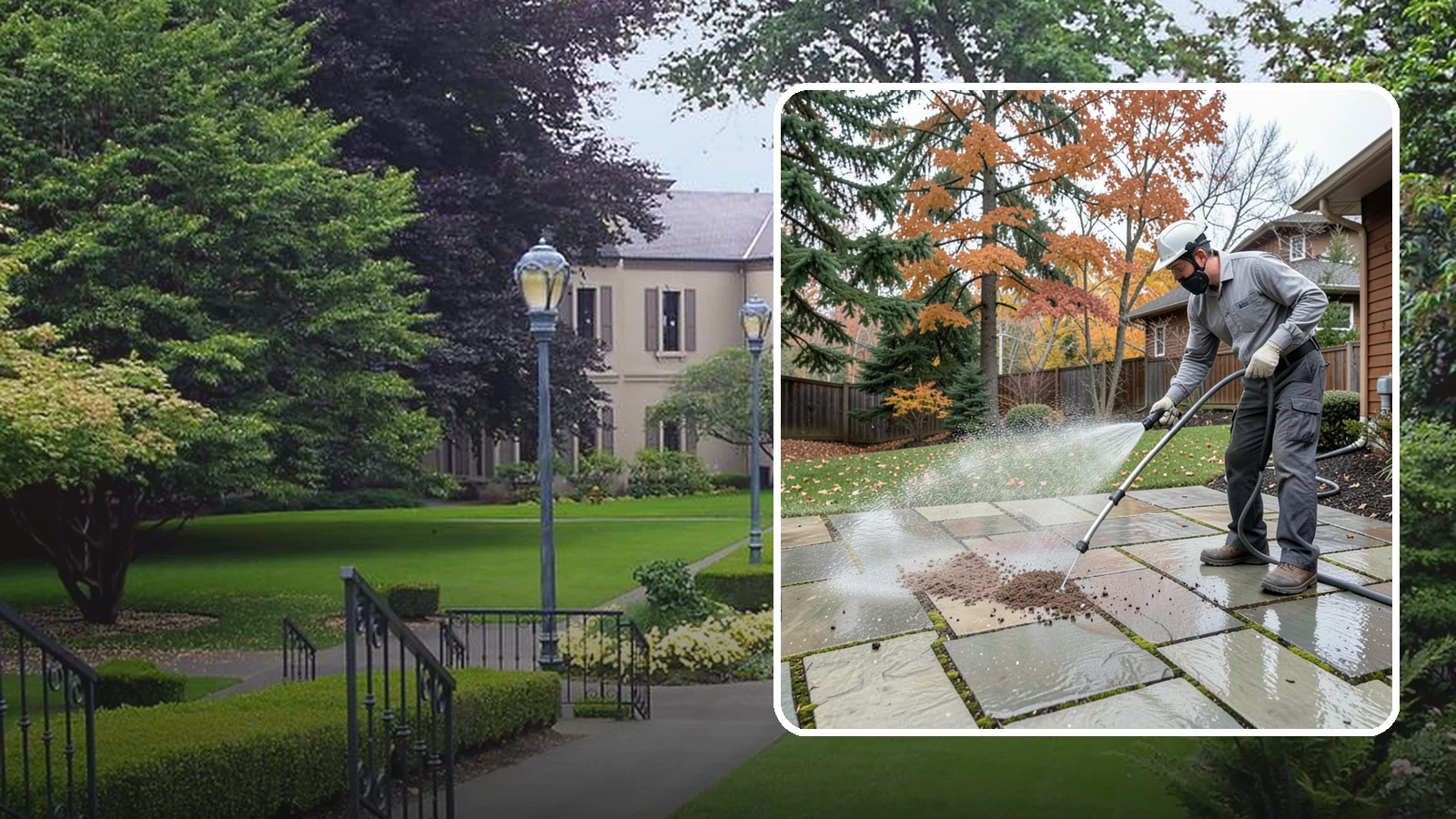 Flagstone Patio Cleaning in Woodinville, King County, WA - Gently clean flagstone patios and their wide joints where Northwest moss settles in deep.