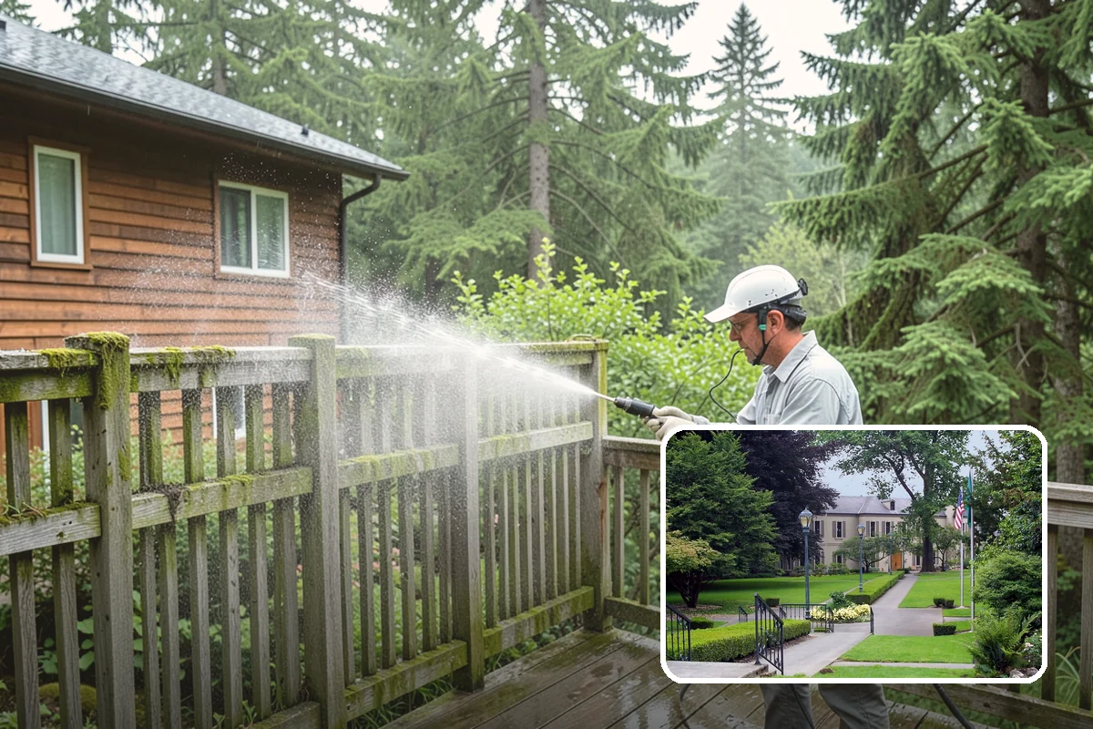 Flagstone Patio Cleaning in Woodinville, King County, WA - Clears moss from wide flagstone joints
