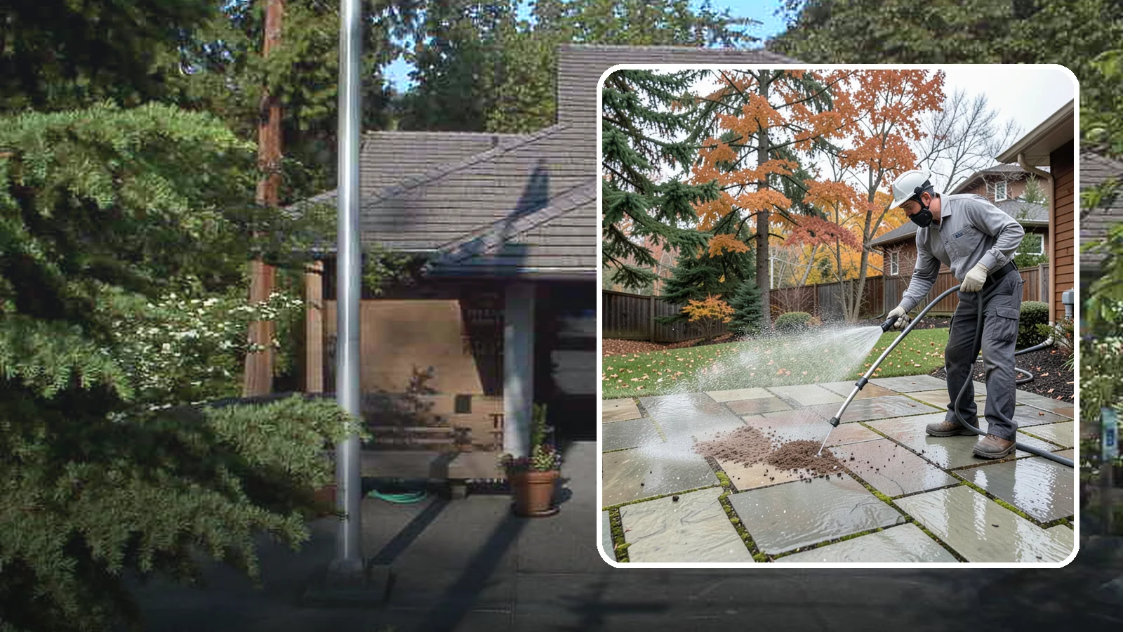 Flagstone Patio Cleaning in Yarrow Point, King County, WA - Gently clean flagstone patios and their wide joints where Northwest moss settles in deep.
