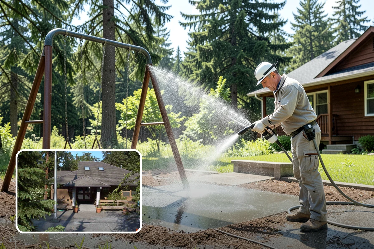 Flagstone Patio Cleaning in Yarrow Point, King County, WA - Clears moss from wide flagstone joints