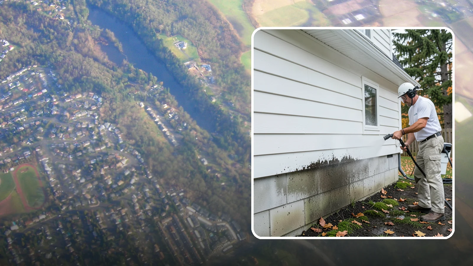 Foundation Cleaning in Algona, King County, WA - We wash exposed foundation walls to clear the mud splash, moss, and efflorescence that build along the base of the home.