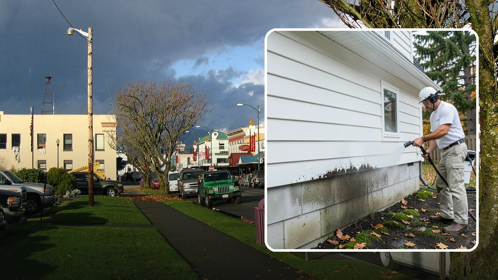 Foundation Cleaning in Arlington, Snohomish County, WA - We wash exposed foundation walls to clear the mud splash, moss, and efflorescence that build along the base of the home.