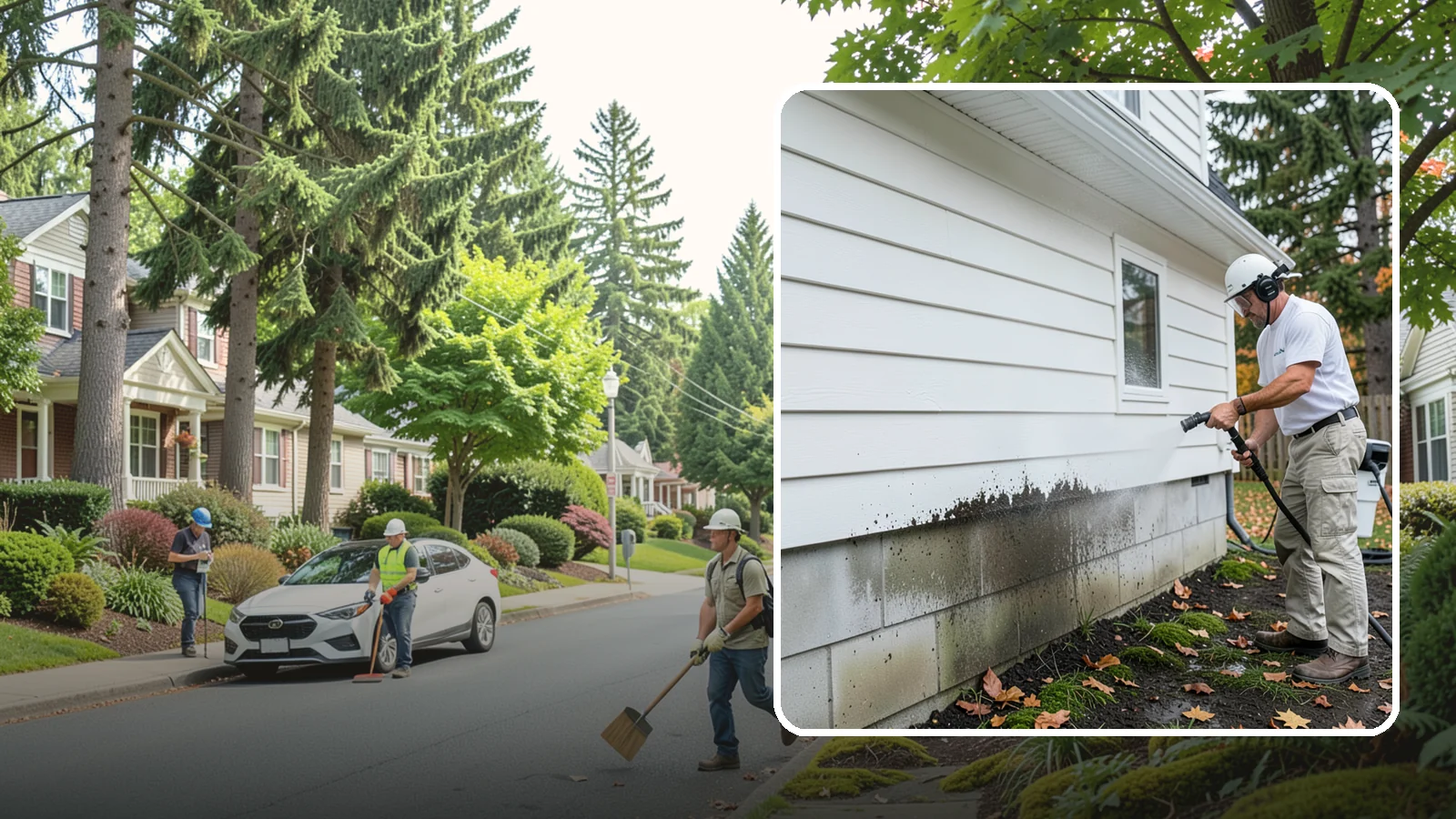 Foundation Cleaning in Beaux Arts Village, King County, WA - We wash exposed foundation walls to clear the mud splash, moss, and efflorescence that build along the base of the home.