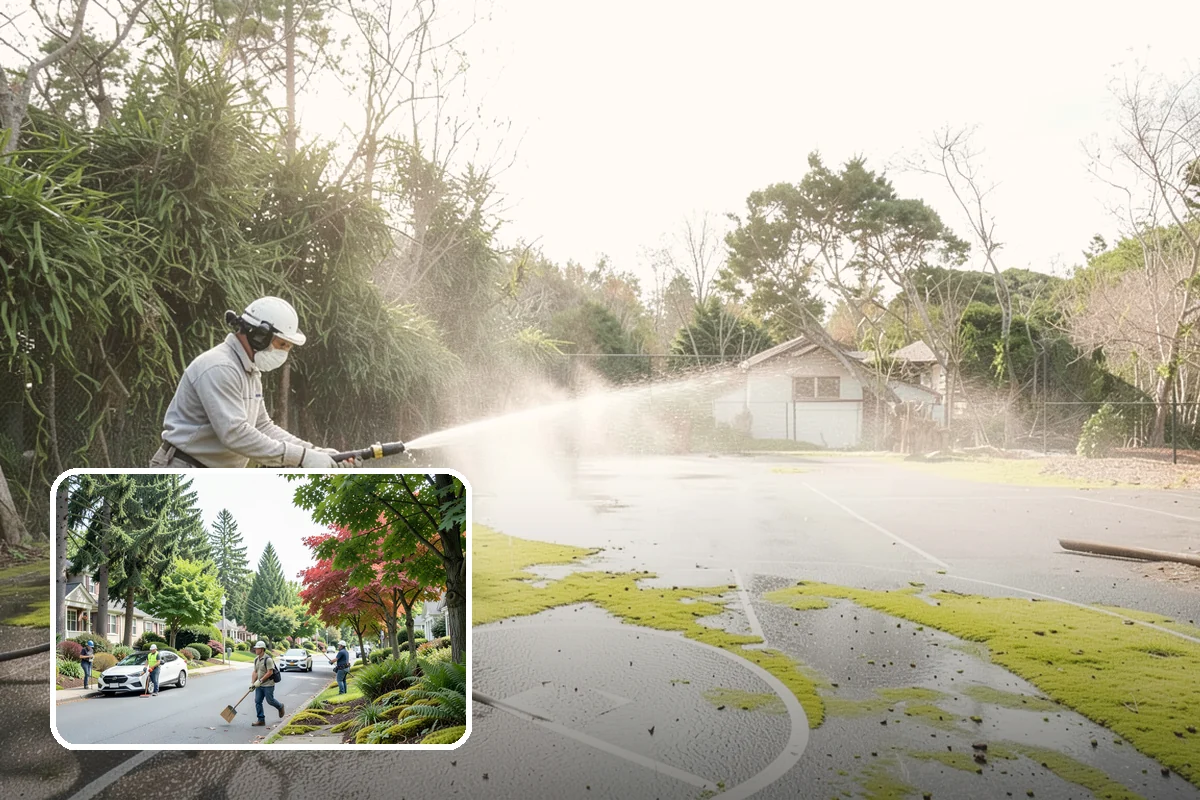 Foundation Cleaning in Beaux Arts Village, King County, WA - Removes mud splash and moss from the base of the home